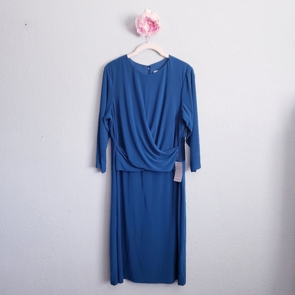 Eliza J Ruched Waist Sheath Long Sleeve Dress in Teal - Picture 2 of 8